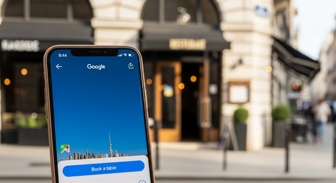 Smartphone showing Google Maps restaurant listing with 'Book a table' button, st