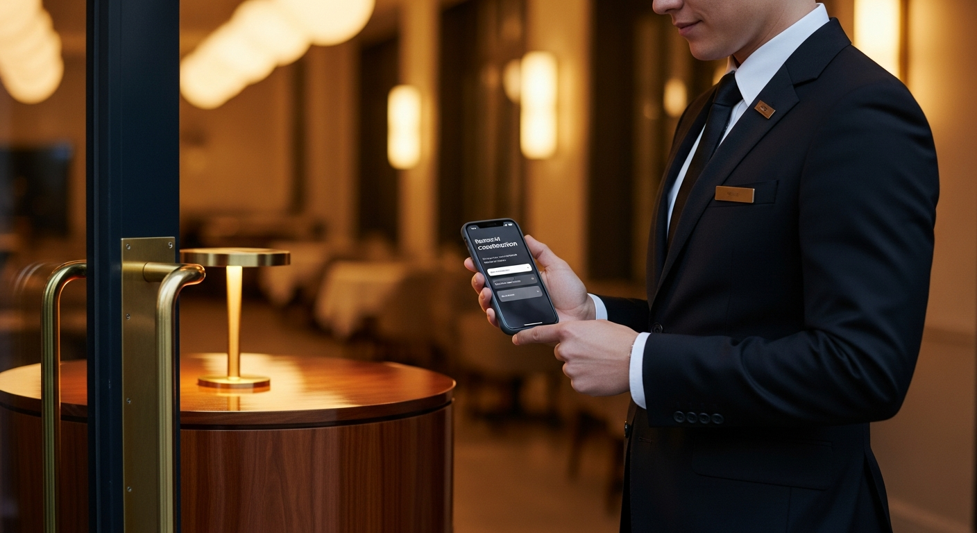 Restaurant host checking phone showing reservation confirmation system, elegant