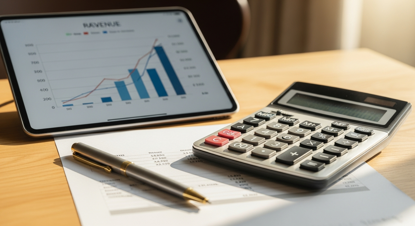 Calculator and financial charts showing restaurant revenue growth, pen on paper,